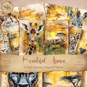 Belles pages de carnet africain, Papier numérique, collage, kit de scrapbooking, fabrication de cartes, tenue de journal, album, animaux sauvages de la savane