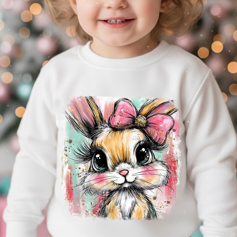 May include: White long-sleeved sweatshirt featuring a colorful illustration of a bunny with a pink bow. The bunny has large eyes and long eyelashes. The design is set against a backdrop of pink, teal, and gold accents.