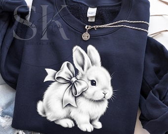 Coquette Bow Bunny PNG Sublimation Design for Dark Colors Valentine's Day Grayscale Rabbit Clipart