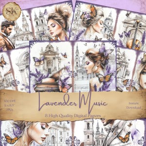 Pagine di diario spazzatura di musica lavanda, bella donna e uomo, carta digitale viola, collage, kit di scrapbooking, creazione di biglietti, diario, album