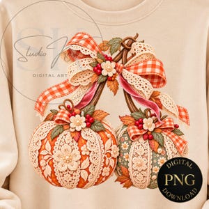 Pareja de calabazas de encaje PNG con lazo de cuadros, diseño de camiseta de Acción de Gracias estilo cottagecore con patchwork, descarga digital