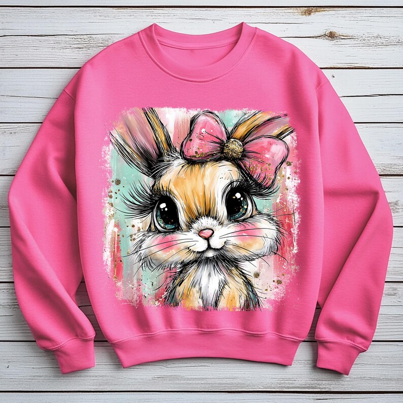 May include: Pink sweatshirt featuring a colorful illustration of a bunny with a pink bow. The bunny has large eyes, long eyelashes, and a cute expression. The background has a watercolor effect with splashes of color.