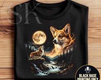 Corgi Howling Moon PNG | 90s Vintage Waterfall & Forest | Retro Dog Shirt Design for Black Base | Digital Graphic for DTF and Sublimation