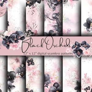 Padrão de orquídeas pretas sem costura, 12 PNGs, papel digital, download instantâneo, sublimação, impressão de tecido, diário de lixo, scrapbooking, fundos