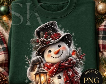 Vintage Christmas Snowman PNG with Lantern and Robin, Shirt Design | Digital Download | DTF DTG Ready