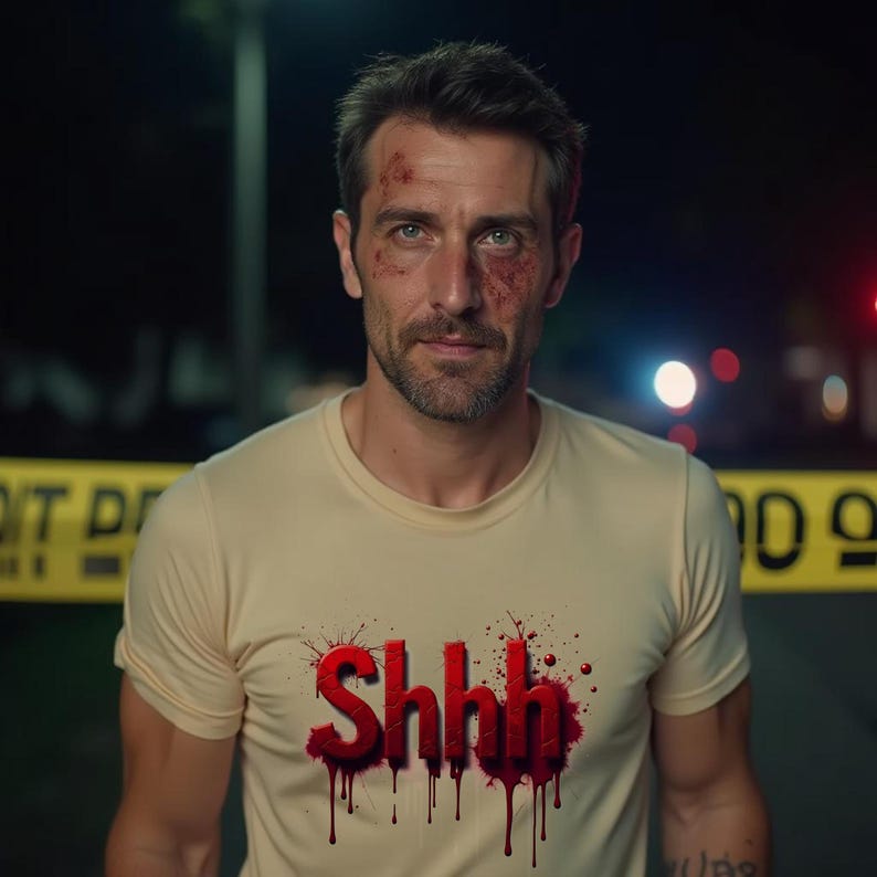 Pu&ograve; includere: Un uomo con ferite al viso indossa una maglietta giallo chiaro. La maglietta presenta la parola "Shhh" in un font rosso, simile al sangue. Lo sfondo include nastro giallo di precauzione e luci sfocate.