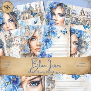 Pages de carnet de bord Iris bleus, fleurs et belles femmes, papier numérique, collage, kit de scrapbooking, fabrication de cartes, journalisation, album