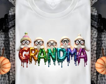 Halloween Grandma PNG, Iridescent Ghost Sublimation, Cute Granny Ghost with Glasses Digital Download, Spooky Dripping GRANDMA T-shirt Design