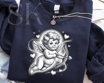 Funny Cupid Valentine's Day Sublimation Design Angel Cherub Bow Arrow Grayscale PNG Dark Shirt