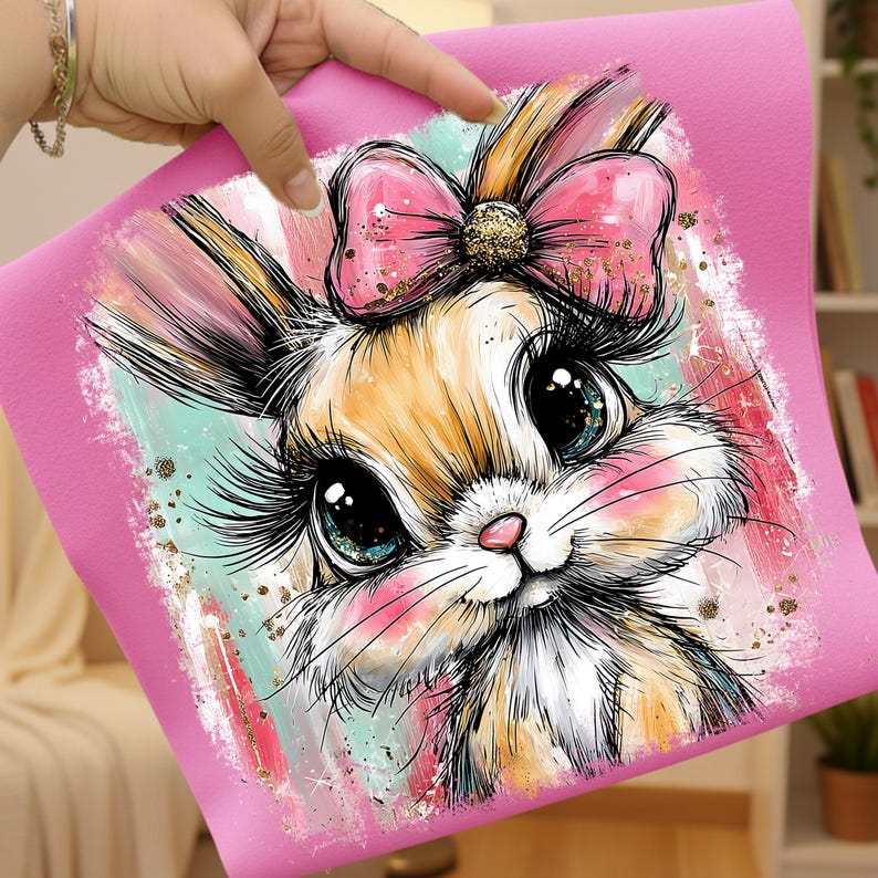 May include: A pink square featuring a cartoon bunny with large, expressive eyes and long eyelashes. The bunny has a pink bow with a gold center and is set against a colorful, abstract background with gold accents. The bunny has a pink nose and blush.