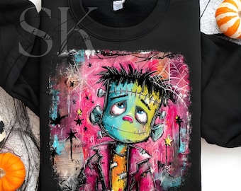 Preppy Grunge Frankenstein Halloween Sublimation PNG, Cute Monster Brushstroke Art, Preppy Halloween Brushstroke Grunge Design, Spooky Art