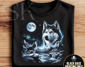 Husky Howling at the Moon PNG | Vintage 90s Icy Aurora Dog Design | Digital Graphic for Black T-Shirts | Arctic Wilderness Sublimation Art