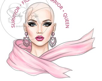 Survivor Fighter Warrior Queen PNG | Bald Woman Breast Cancer Sublimation | Pink Ribbon Scarf Art | Digital Download Empowerment T-Shirt POD
