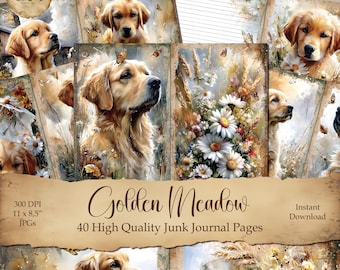 Set di pagine di diario digitale Golden Meadow, kit di carta per album di ritagli Golden Retriever, carte digitali per cani, stampe artistiche con cuccioli di margherite e fiori