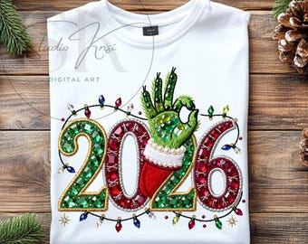 Festive 2026 New Year PNG Sublimation, Faux Rhinestone Embroidery Crystal Mosaic Art, Mean One Inspired Holiday Digits, Grumpy Grinchy Hand