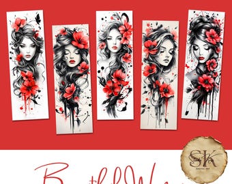 Red, Black and White Beautiful Women Bookmarks set of 10, high quality, instant digital download printable, print and cut lovely bookmarks