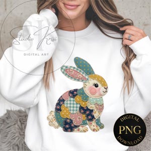 Faux Patchwork Bunny Clipart | Quilted Spring Floral & Gingham | Spring Easter Sublimation Design