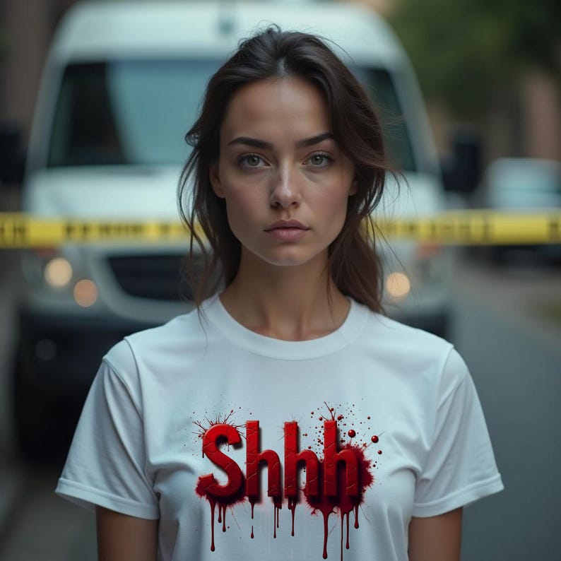 Pu&ograve; includere: Una maglietta bianca con la parola "Shhh" in rosso, con un font simile al sangue. Il design include schizzi di sangue. Lo sfondo &egrave; sfocato con nastro giallo di segnalazione.