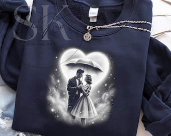 Retro Valentine's Day Sublimation Design Vintage Couple under Umbrella at Rain Grayscale PNG Dark Shirt Sketch