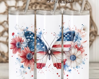 American Flag Butterfly and Flowers,4th of July, 20 oz Skinny Tumbler Wrap Seamless Sublimation Design Digital Download PNG Instant Download