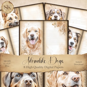 Entzückende Hunde Junk Journal Seiten, Rosen Blumenseitendekoration, Digitales Papier, Collage, Scrapbooking Kit, Kartenherstellung, Journaling, Album