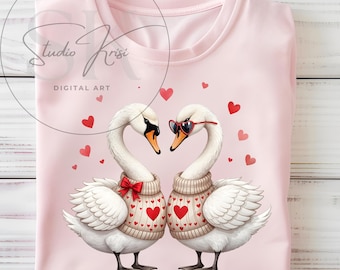 Valentine Day Swan Couple Sublimation Design Love Birds Heart Sweater Shirt PNG
