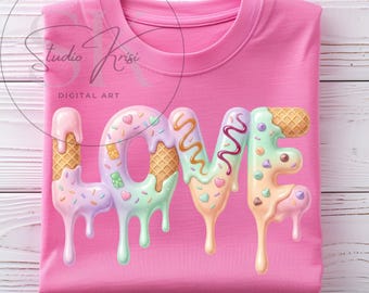 Valentine Day Love Word Sublimation Design Melting Ice Cream Cone Sweet Candy Letters PNG