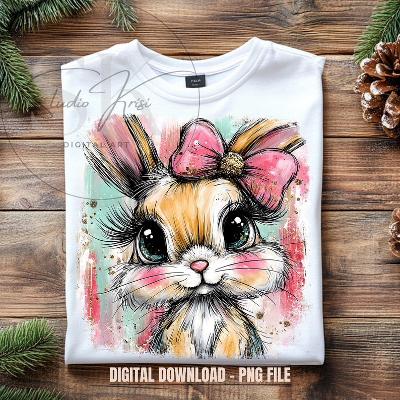 May include: White t-shirt featuring a cartoon bunny with a pink bow, long eyelashes, and rosy cheeks. The bunny is set against a colorful, abstract background with the text "DIGITAL DOWNLOAD - PNG FILE".