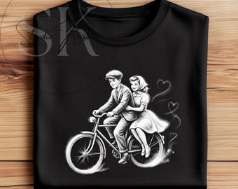 Retro Valentine's Day Sublimation Design Vintage Couple Bicycle Ride Grayscale PNG Dark Shirt Sketch