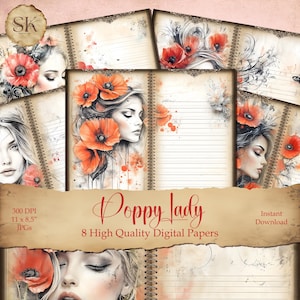 Red Poppy Lady Junk Journal Pages, Carta digitale, Collage, Kit per scrapbooking, Creazione di biglietti, Journaling, Album, Bella donna e papaveri rossi