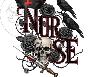 Gothic Nurse PNG Set of 3 Designs | Dark Skull RN Sublimation | Spooky Medical Clipart | Horror Skulls, Ravens & Roses Art Digital Download