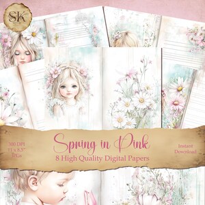 Pagine di diario di primavera in rosa, margherite e bambini bellissimi, carta digitale, collage, kit per scrapbooking, creazione di biglietti, diario, album