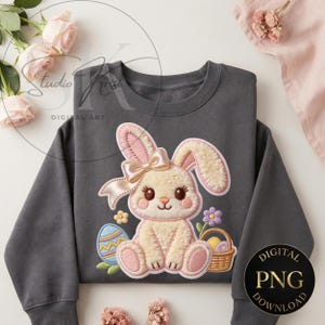 Faux Chenille Easter Bunny PNG | Pink Bow Bunny Patch Design | Easter Sublimation for Kids Shirts, Embroidery Look Digital Clipart