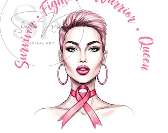 Survivor Fighter Warrior Queen PNG | Pink Hair Cancer Awareness Sublimation | Pink Ribbon Fighter T-Shirt Art | Digital Download Gift Design