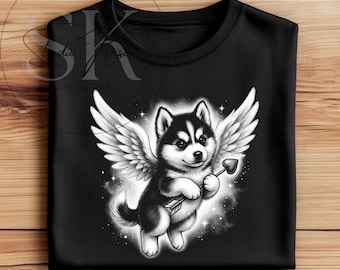 Funny Husky Valentine's Day Sublimation Design Cupid Dog Grayscale PNG Dark Shirt Puppy Love