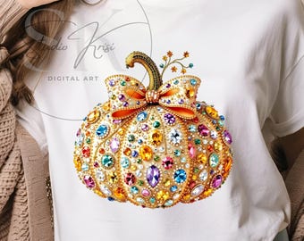 Glam Jeweled Pumpkin PNG Rhinestone Fall Clipart, Faux Crystal Mosaic Gemstone Sublimation Design, Elegant Autumn Harvest Digital Download