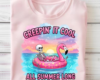 Summerween Shirt PNG, Creepin' It Cool Skeleton Flamingo Sublimation, Spooky Summer Beach Trip Digital Download, Halloween in July Men Women
