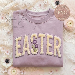 May include: A lilac-colored sweatshirt with the word "EASTER" in a cream-colored, fuzzy, varsity-style font. The letter "A" features an embroidered purple tulip design. The sweatshirt is a digital download file.