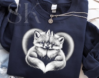 Valentine's Day Fox Love Sublimation Design Heart Shape Tail Couple Grayscale PNG Dark Shirt Woodland