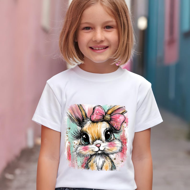 May include: White t-shirt featuring a watercolor illustration of a bunny with a pink bow. The bunny has large eyes and long eyelashes. The background has splashes of pink, blue, and green.
