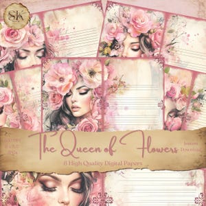Pages de journal indésirable La reine des fleurs, roses et belles femmes, papier numérique, collage, kit de scrapbooking, fabrication de cartes, journalisation, album