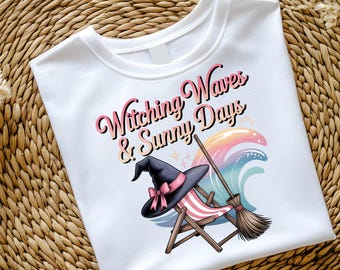 Camiseta con vibraciones de bruja veraniegas / Bruja de playa PNG / Lindo diseño de camiseta de verano de Halloween / Océano de temporada espeluznante / Olas de brujas y días soleados PNG