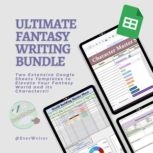 以下が含まれることがあります： ファンタジーの世界構築とキャラクター開発のためのGoogleスプレッドシートテンプレート2つ。テンプレートのタイトルは「World Building Master Sheet」と「Character Master Sheet」です。