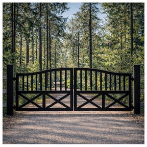 May include: A black wooden gate with a curved top and vertical bars, set against a backdrop of tall green trees. The gate features an X-shaped design in the lower panels and is situated on a gravel path.