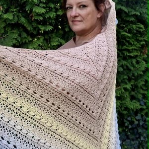 May include: A triangular crochet shawl featuring a gradient color transition from soft pink at the top to pale yellow in the center and light blue at the bottom edge. The textile displays an intricate openwork pattern with repeating shell stitches.