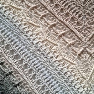 May include: A triangular crochet shawl featuring an intricate openwork pattern with a gradient colour transition. The yarn shifts from a light beige at the top corner to a deep charcoal grey at the bottom edge, showcasing detailed stitch textures.