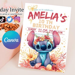 Faire-part d'anniversaire modifiable imprimable personnalisé, invitation d'anniversaire Lilo and Stitch, modèle d'invitation de fête Stitch, toile d'anniversaire fille Stitch