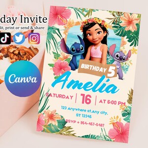 Stitch Birthday Invitation, Watercolor Stitch Invitation, Stitch Party Invitation, Editable Printable Canva Template Digital Download