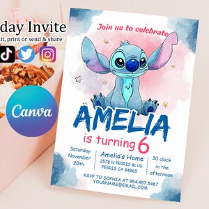 Editable Stitch Birthday Invitation Template, Printable Birthday Party Invitations, Digital Kids Party Invite Boys & Girls Bday Card Evite