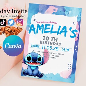 Faire-part d'anniversaire modifiable imprimable personnalisé, invitation d'anniversaire Lilo and Stitch, modèle d'invitation de fête Stitch, toile d'anniversaire fille Stitch